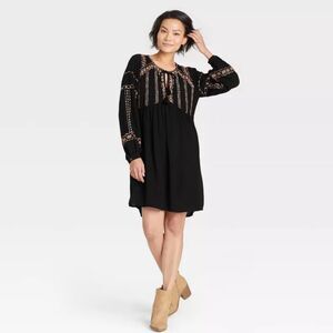 Knox Rose- Black Embroidered Long Sleeve Mini Dress- Sz. L